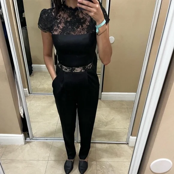 Alice + Olivia Black Satin Lace Jumpsuit - Picture 1 of 7